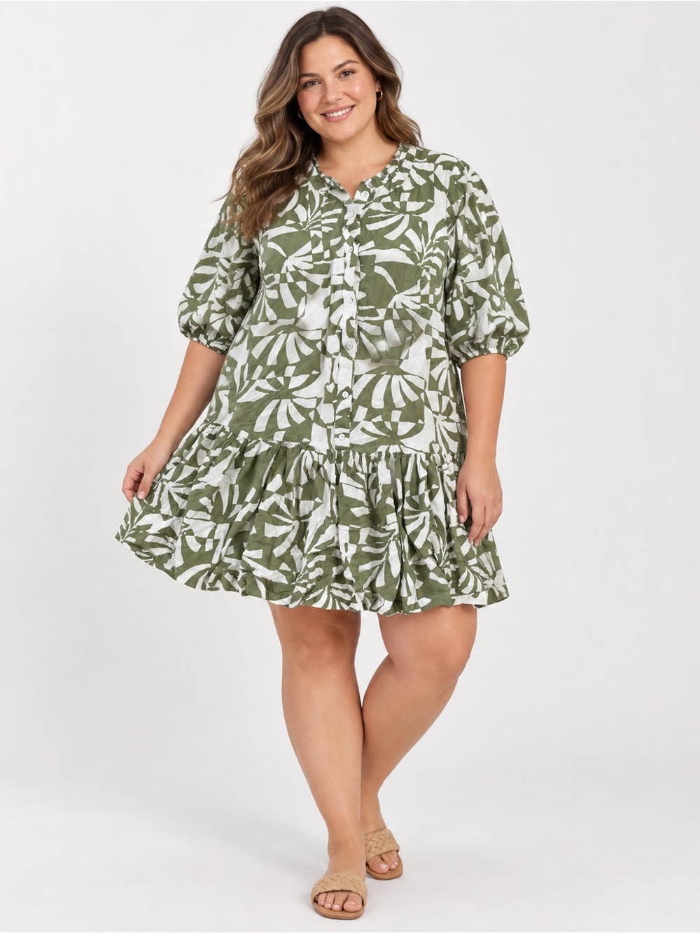 LEA Olive White Tropical Leaf Print Ruffle Button Front Dress 2X